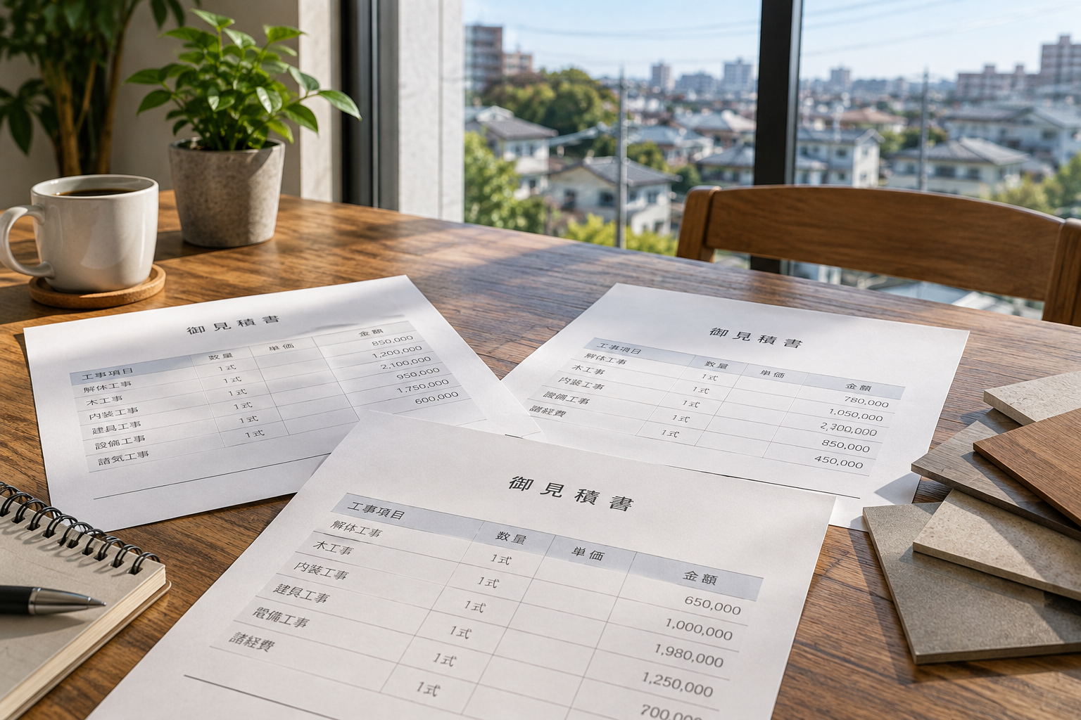 リノベーション工事の複数の見積書を比較しているイメージ