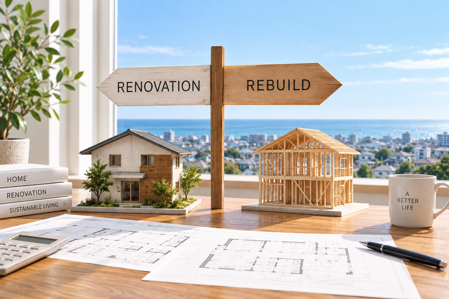 戸建て住宅のリノベーションと建て替えを比較するイメージ